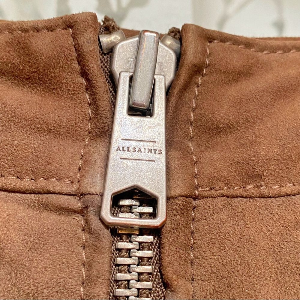 All Saints Arel brown tan suede silver front zipper zip up pockets midi skirt - Picture 11 of 16